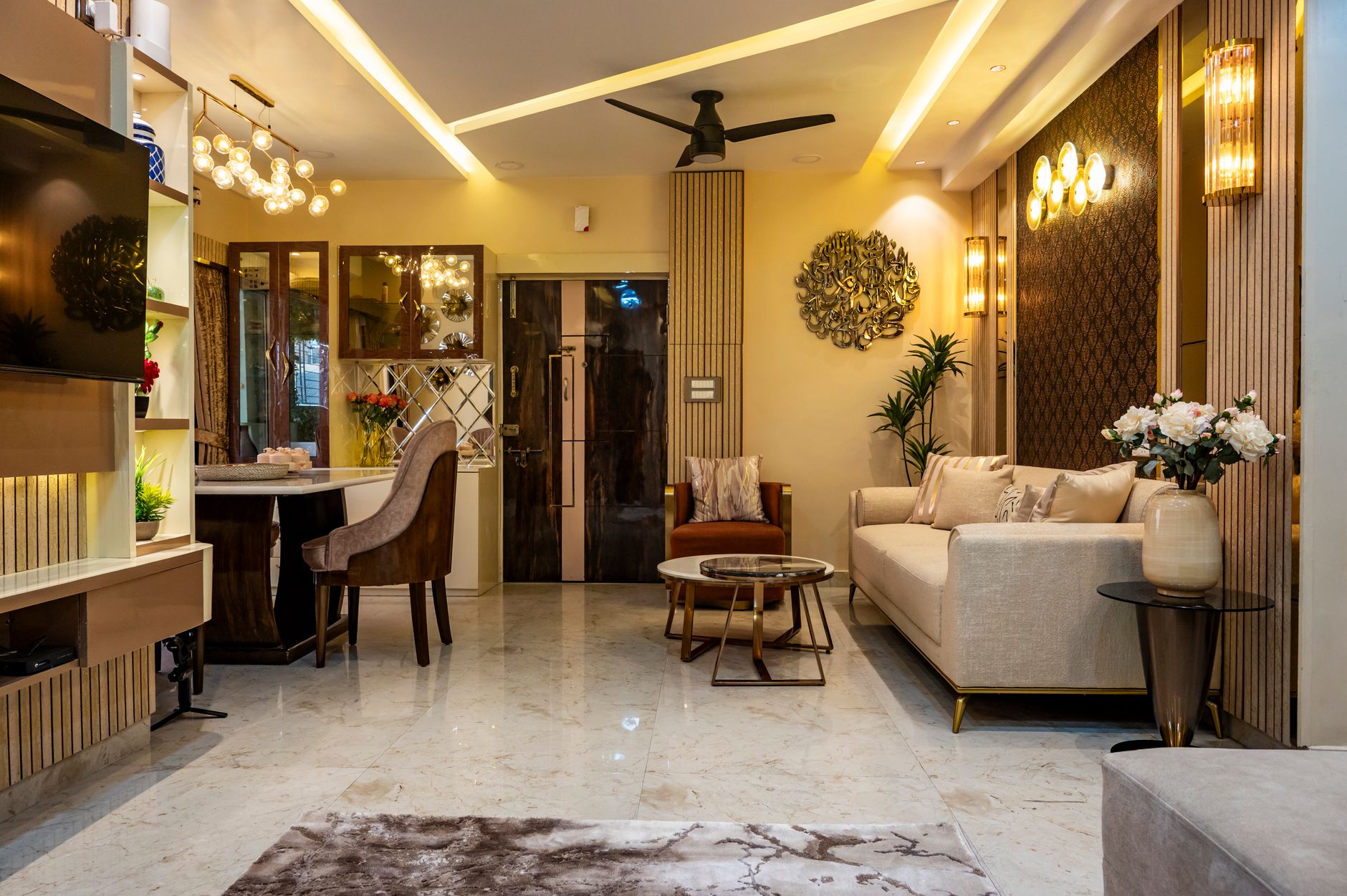 A cozy, minimalist living room with neutral tones and simple furniture.